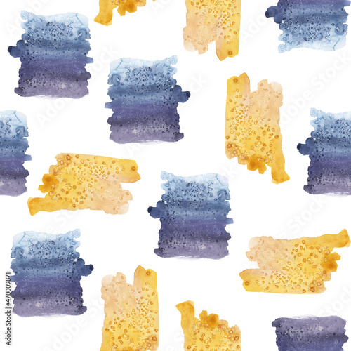 Watercolor seamless pattern gold and blue splush abstract background. Hand drawing print. Summer wallpaper, postcards, packaging, fabric, design, textile, wrapping paper photo