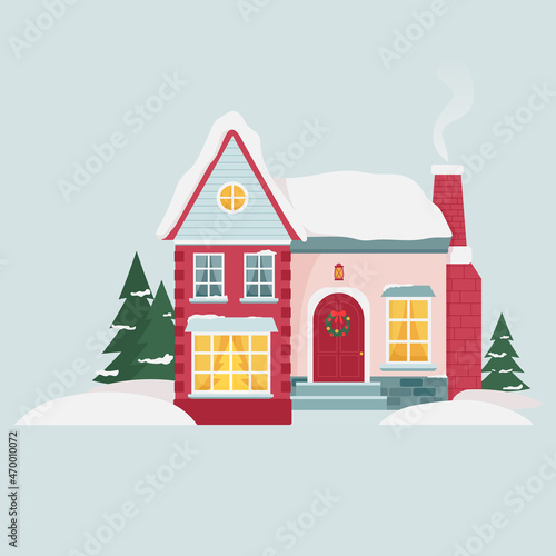 Vector winter house in a flat style. Stylized Christmas house. Christmas typography and wishes. Vector illustration. Isolated. White background. Suitable for winter designs  cards or posters