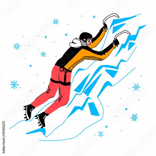 Vector flat illustration with a character, an athlete, Ascending on Water Ice. The concept of Ice Climbing, Extreme Winter Sports, mountaineering, lifestyle, championships, competitions.