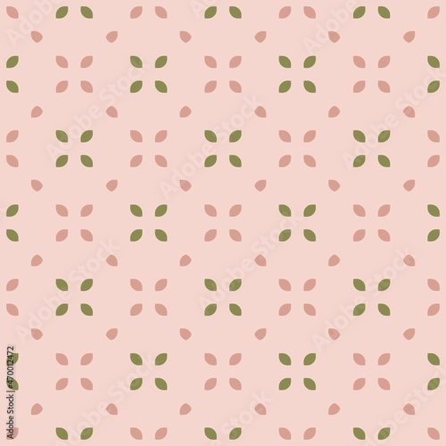 Minimalist geometric floral pattern. Vector seamless background with small flowers, leafs in regular grid. Simple minimal ornament in pink and green colors. Abstract floral texture. Repeat design
