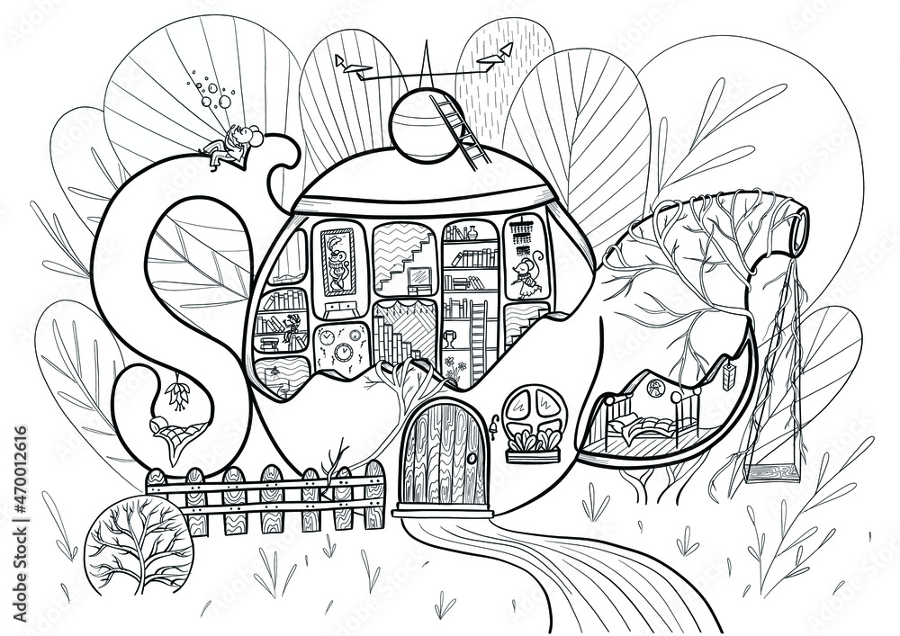 Fototapeta premium black and white vector coloring with a house from a teapot, mice and books