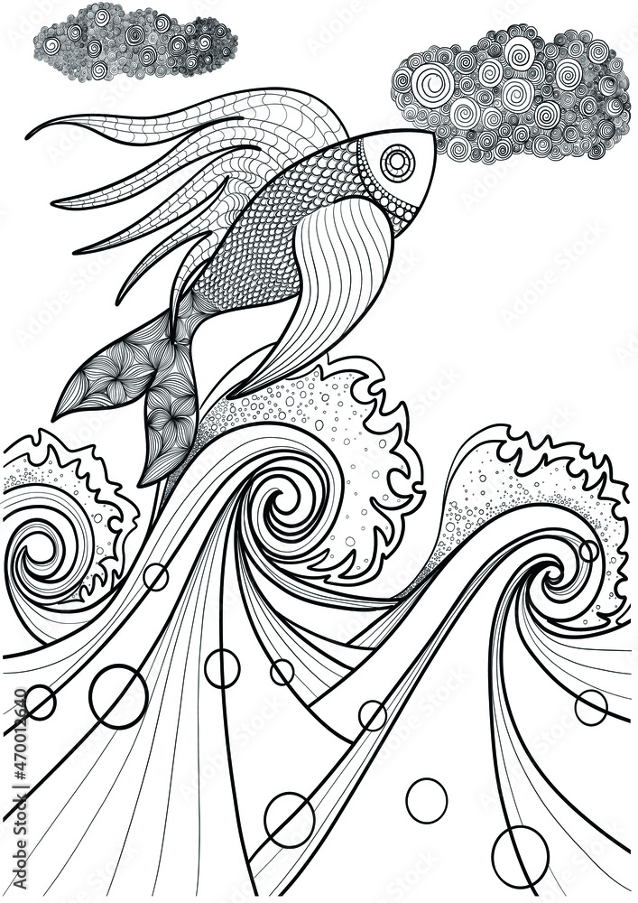 Naklejka premium coloring black and white vector fish in the sea in doodle and zenart style