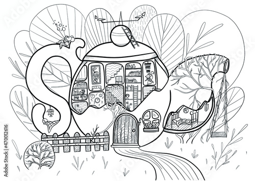 black and white vector coloring with a house from a teapot, mice and books