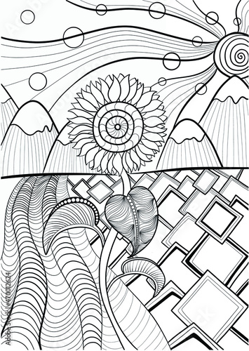 coloring book black and white with sunflower in a field in doodle style