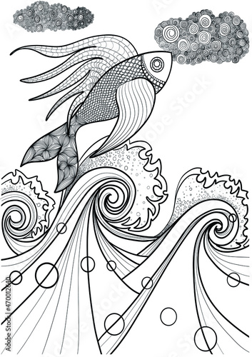 coloring black and white vector fish in the sea in doodle and zenart style