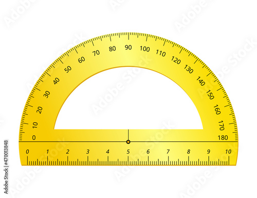 Yellow protractor. Measurement tool. School stationery. Vector