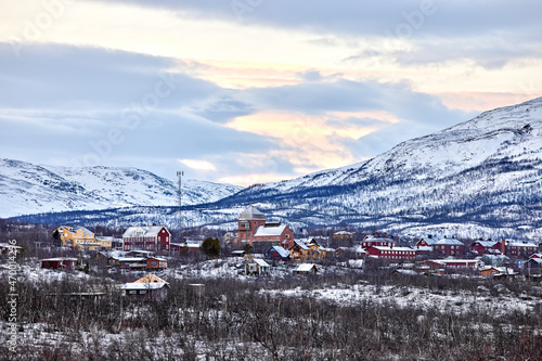 The village Abisko East in northern Sweden winter afternoon at sunset.  Frozen winter landscape in northern Sweden.