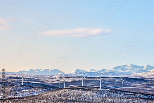 Wind turbines out in Swedish mountains nature outside Kiruna. 