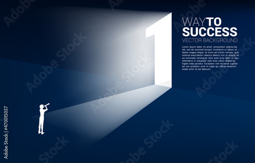 Silhouette of businessman and telescope looking to exit door number one. Concept of career start up and champion business solution.