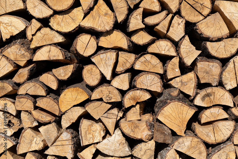 Natural wooden background - closeup of chopped firewood. Firewood stacked and prepared for winter Pile of wood logs Natural wooden background - closeup of chopped firewood. Firewood stacked and prepared for winter Pile of wood logs