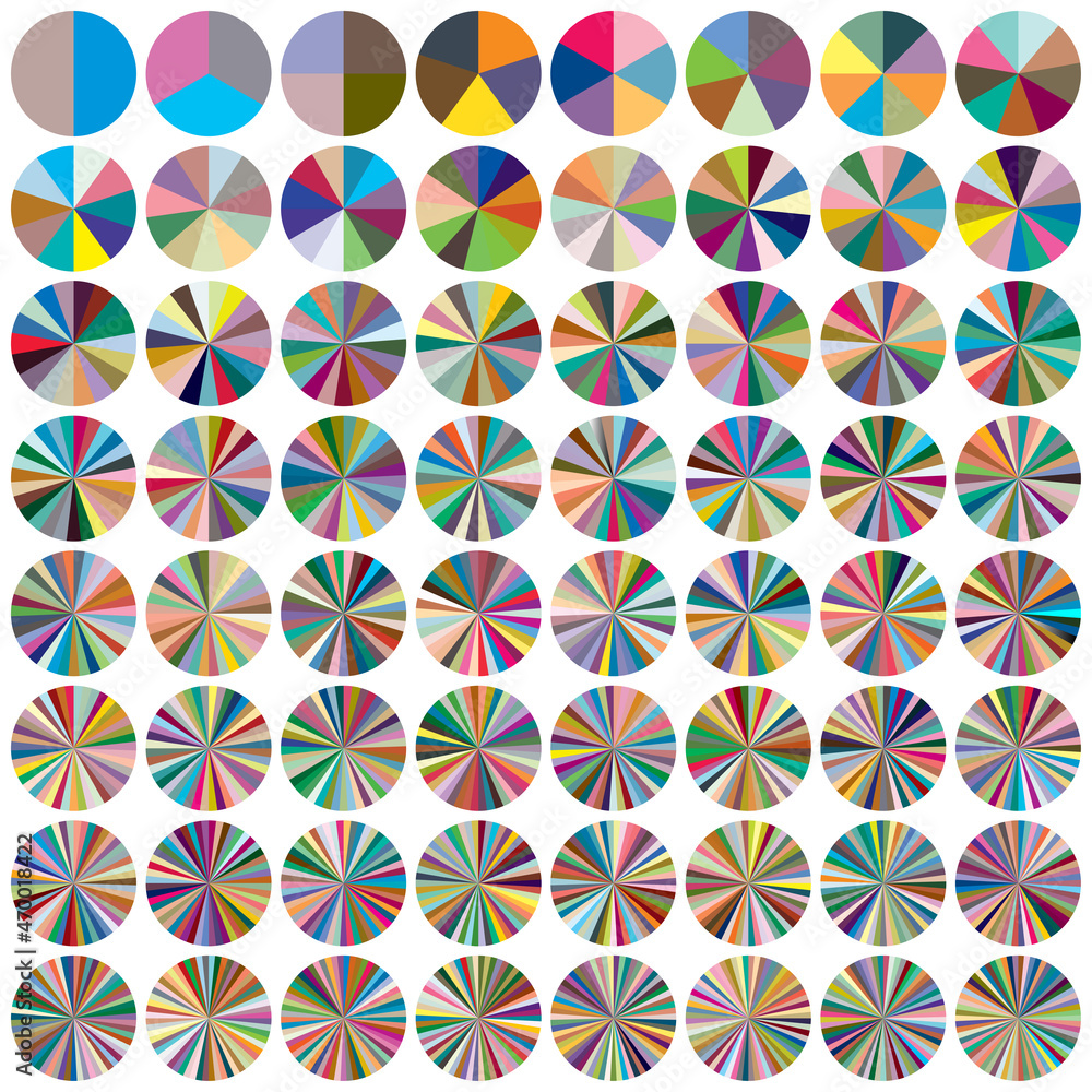 Pie chart, Pie graph, circular, circle diagram from 2 to 65 segments, portions. Ratio concept infographic, presentation element Pie chart, Pie graph, circular, circle diagram from 2 to 65 segments, portions. Ratio concept infographic, presentation element