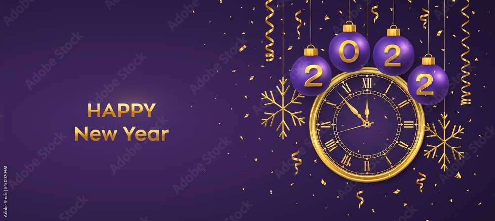 Happy New Year 2022. Hanging Purple Christmas bauble balls with realistic gold numbers 2022 and snowflakes. Watch with Roman numeral and countdown midnight, eve for New Year. Merry Christmas. Vector. - obrazy, fototapety, plakaty 