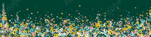 Falling letters of English language. Light flying words of Latin alphabet. Foreign languages study concept. Extra back to school banner on blackboard background.