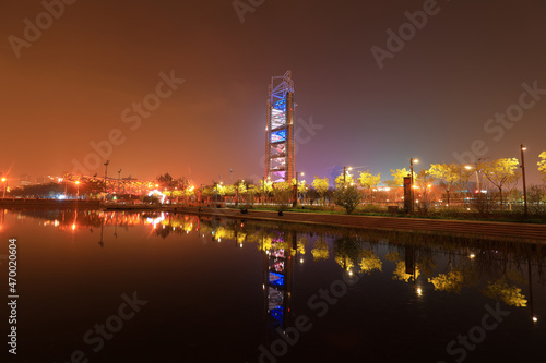 night view of Beijing Olympic Park  Linglong tower  bird s nest and other buildings in the night.