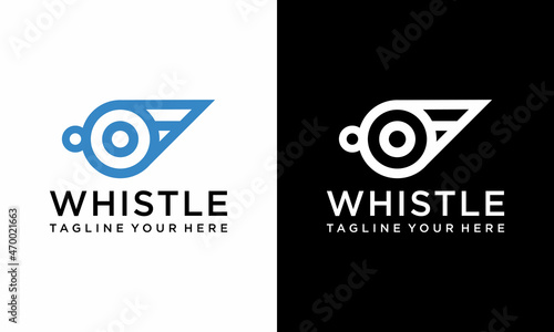 Abstract linear art overlapping whistle logo. Sport sign vector design template.on a black and white background.