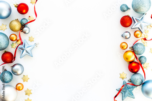 Fototapeta Naklejka Na Ścianę i Meble -  Christmas and New Year decoration balls background. Flat lay. Empty space for text