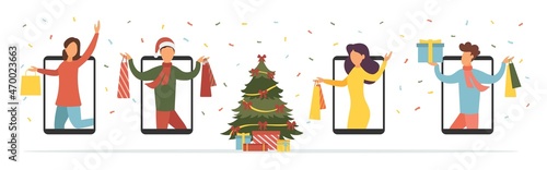 Christmas discounts online. People shop online. Vector illustration.