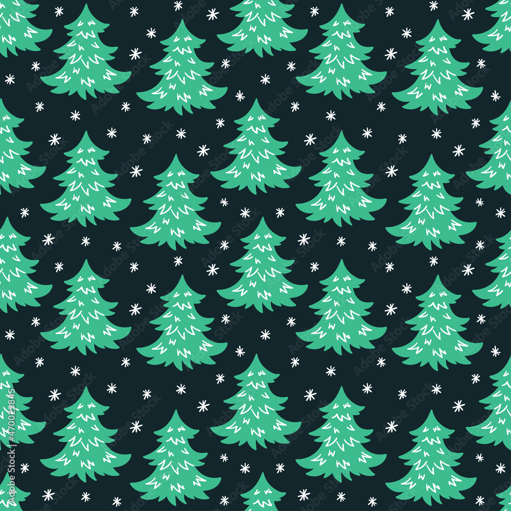 Christmas vector seamless pattern with cartoon Christmas trees and snowflakes. New Year's background.
