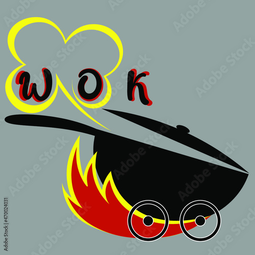 minimal lettering logo asian food delivery wok with fire