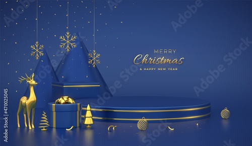 Christmas Scene and 3D round and cube platform on blue background. Blank Pedestal with deer, snowflakes, balls, gift boxes, golden metallic cone shape pine, spruce trees. Vector illustration.