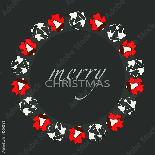 Christmas frame, doodle, red and white hand bells. Winter decoration for cards. Round border, ribbon on bell, din don. Hand drawn vector design for New Year eve. Merry Christmas wreath postcard.