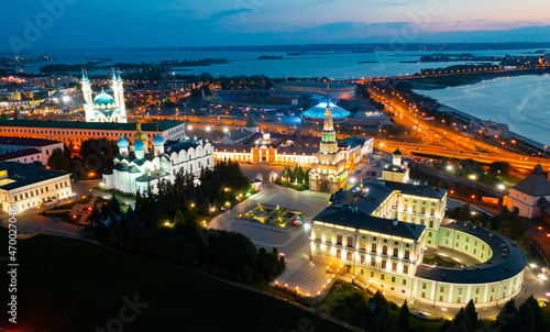 Panoramic view from drone of the evening Kazan Kremlin of Kazan city. Russia © JackF