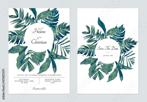 Foliage wedding invitation card template design, various hand drawn tropical green leaves on white
