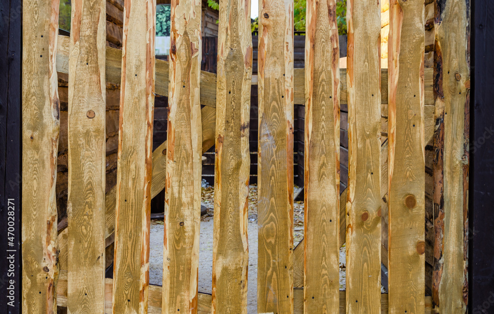 A fragment of a wooden fence made of untreated wooden boards. A fragment of a wooden fence made of untreated wooden boards.