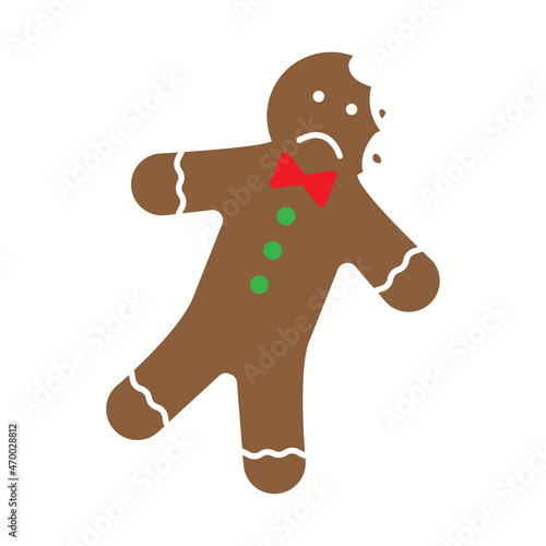 Head bite. Christmas gingerbread man icon. Cartoon design. Unhappy cookie. Happy time. Vector illustration. Stock image.