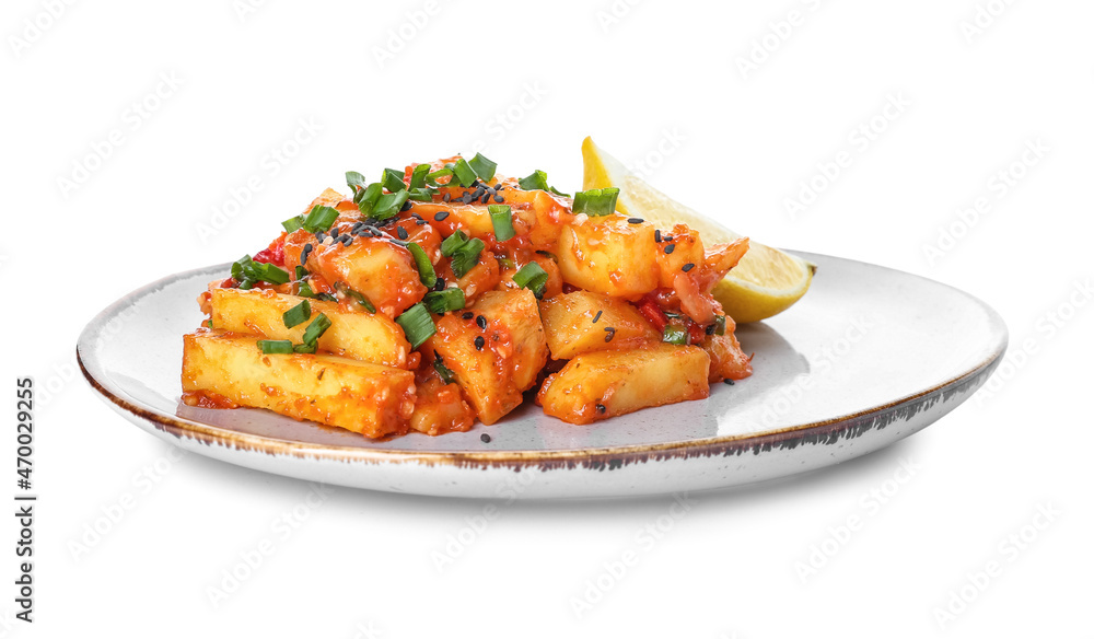 Plate with honey chilli potato on white background Plate with honey chilli potato on white background