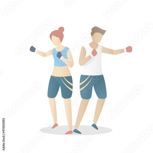 Boxing fitness,workout, training for beginners,Cardio exercises to lose Weight,strength benefits and self defense,muscle building,young Male and Female Characters in Sports Wear,Vector illustration.
