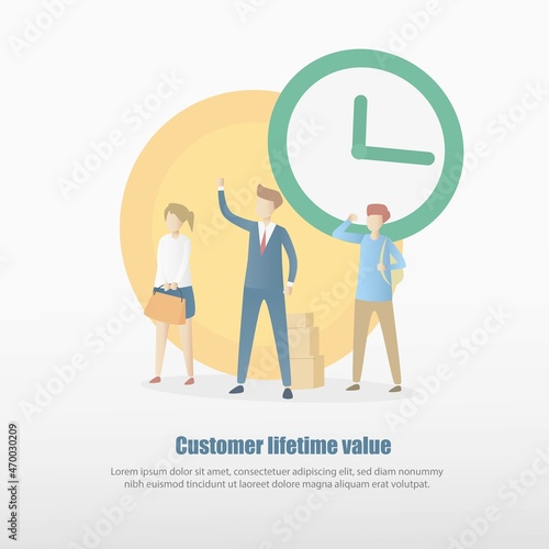 customer lifetime value (CLV),lifetime value (LTV),Value,frequency,time period of customer purchases product or services per business,Vector illustration.