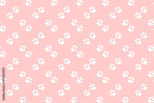 Cute white seamless animal footprints wallpaper on light pink background, for print design, background, packaging, fabric pattern, cute pattern.