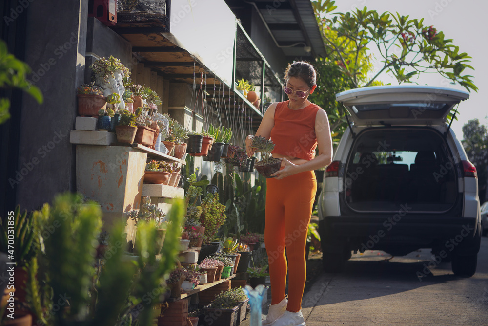 Obraz premium beautiful woman holding succulent pot in hand standing at home garden