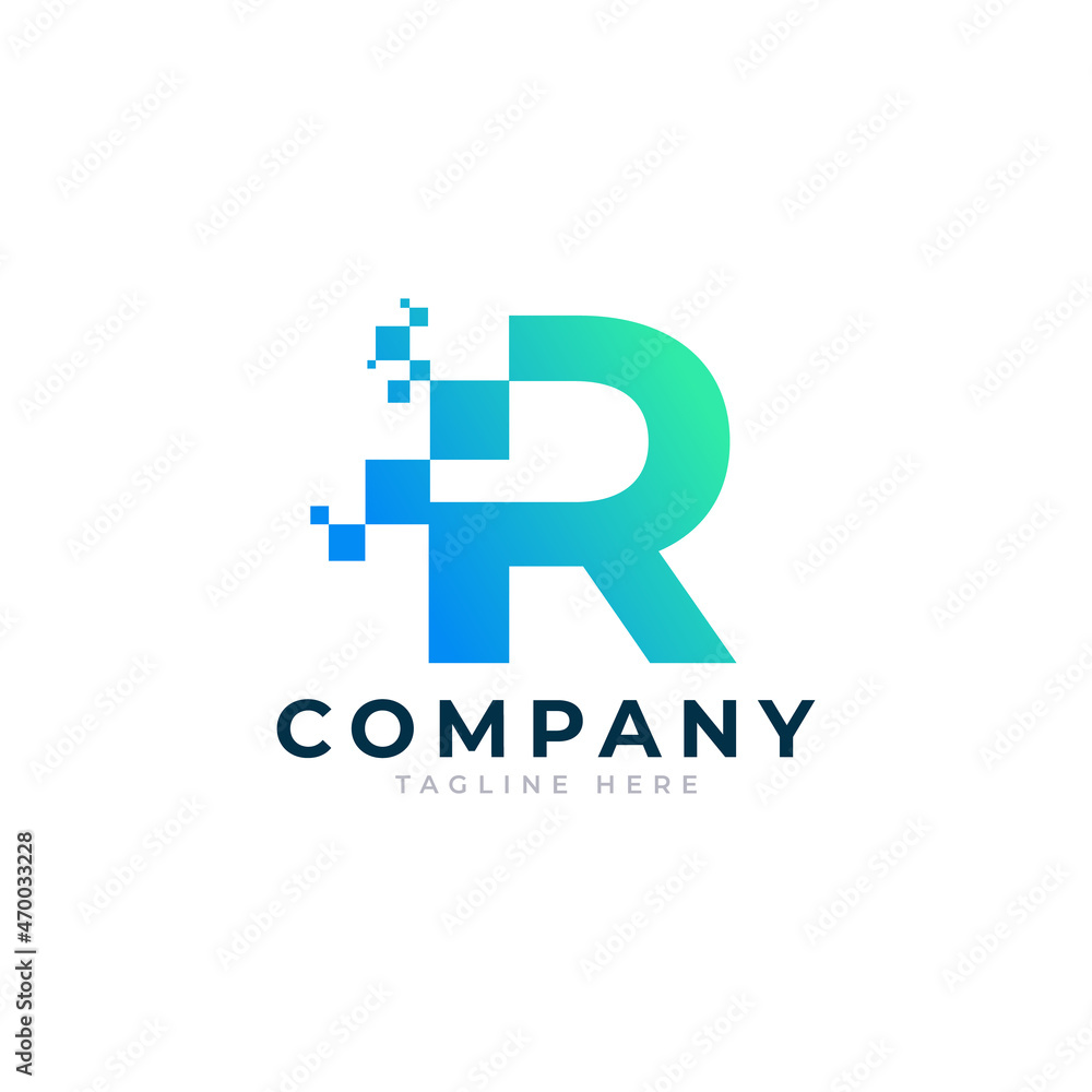 Obraz premium Tech Letter R Logo. Blue and Green Geometric Shape with Square Pixel Dots. Usable for Business and Technology Logos. Design Ideas Template Element.