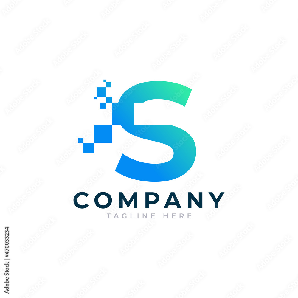 Tech Letter S Logo. Blue and Green Geometric Shape with Square Pixel Dots. Usable for Business and Technology Logos. Design Ideas Template Element.