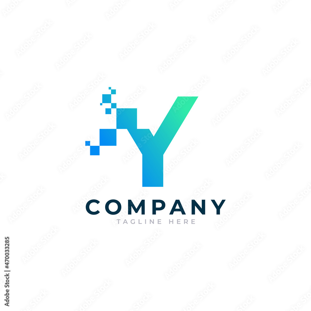 Tech Letter Y Logo. Blue and Green Geometric Shape with Square Pixel Dots. Usable for Business and Technology Logos. Design Ideas Template Element.