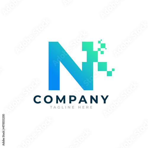 Tech Letter N Logo. Blue and Green Geometric Shape with Square Pixel Dots. Usable for Business and Technology Logos. Design Ideas Template Element.