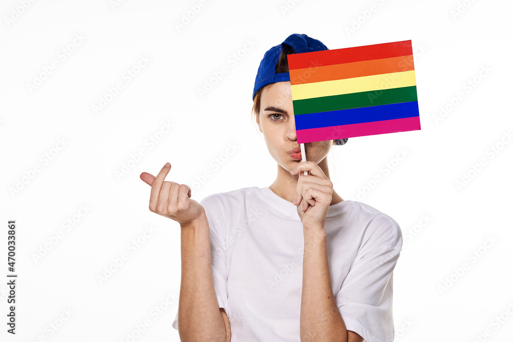 woman wearing white t-shirt lgbt flag inventor community