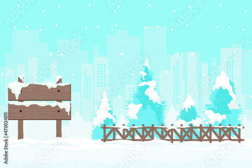 Wallpaper Mural Merry Christmas. Urban town with snowfall in winter season. Christmas tree and blank signboard Torontodigital.ca