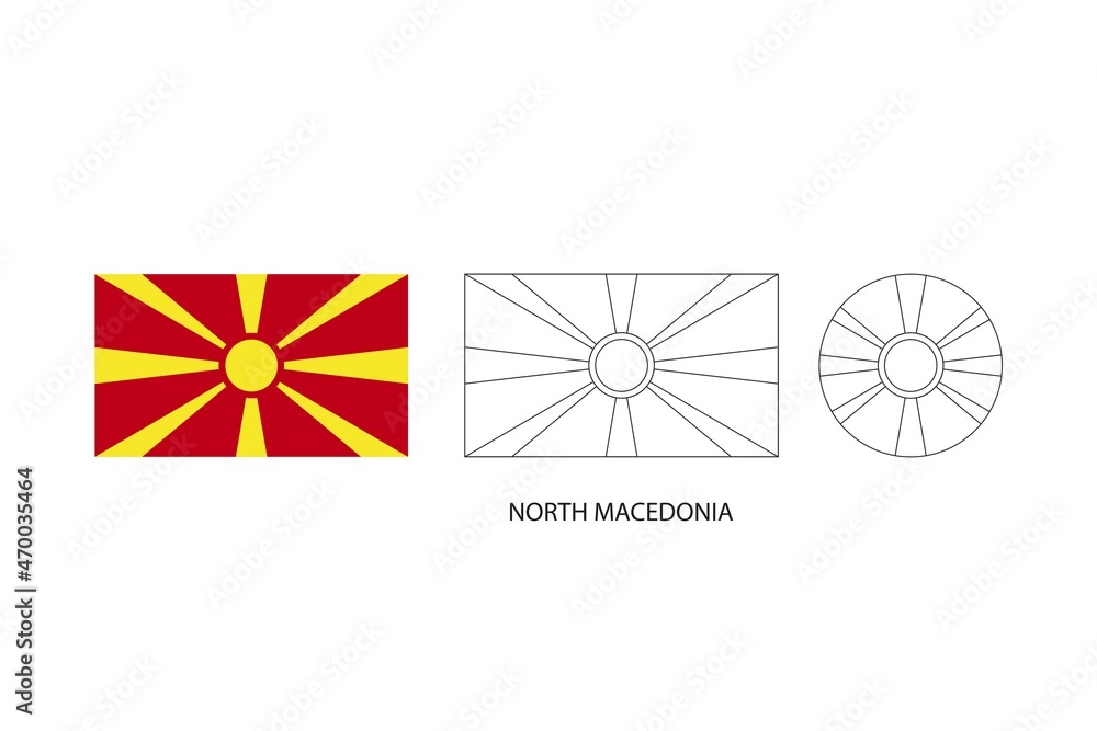 North Macedonia flag 3 versions, Vector illustration, Thin black line of rectangle and the circle on white background. North Macedonia flag 3 versions, Vector illustration, Thin black line of rectangle and the circle on white background.