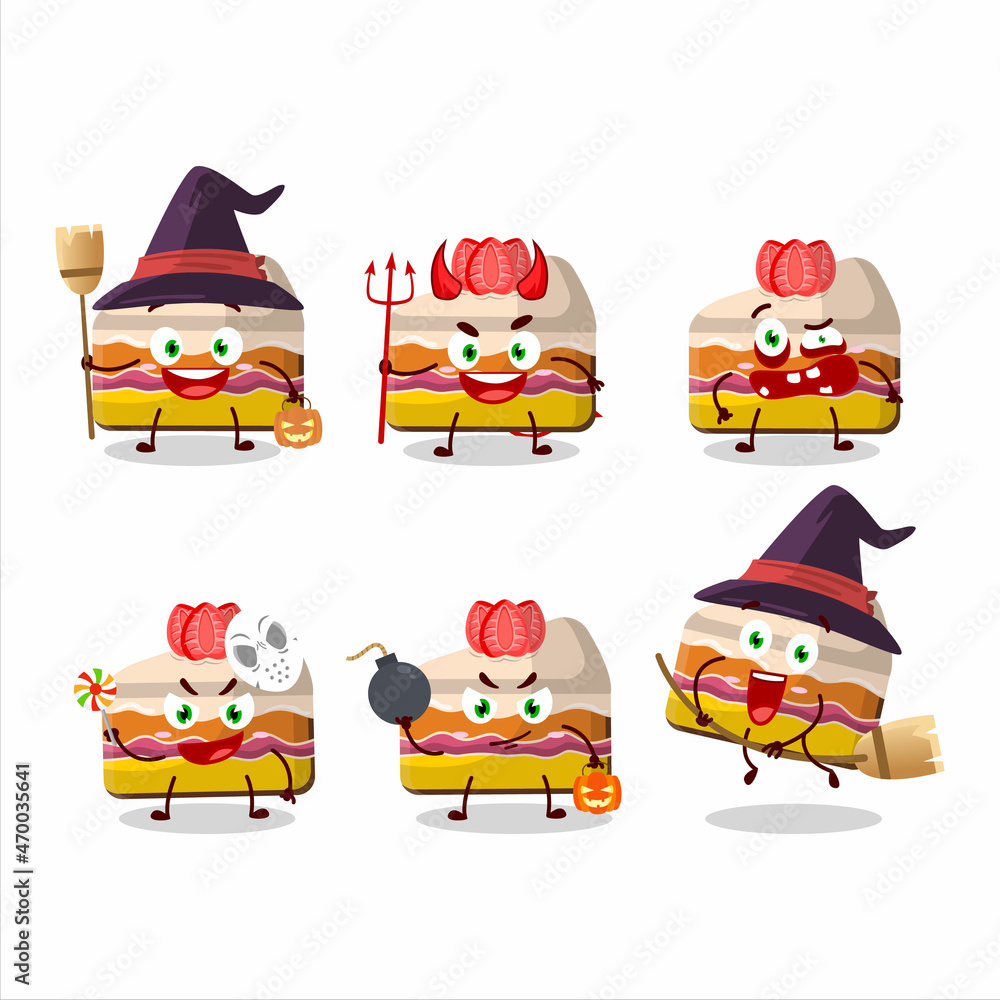 Halloween expression emoticons with cartoon character of slice of strawberry pudding cake Halloween expression emoticons with cartoon character of slice of strawberry pudding cake