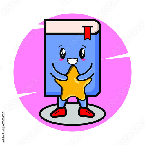 Cartoon book mascot holding big golden star in cute style for t-shirt, sticker, logo element