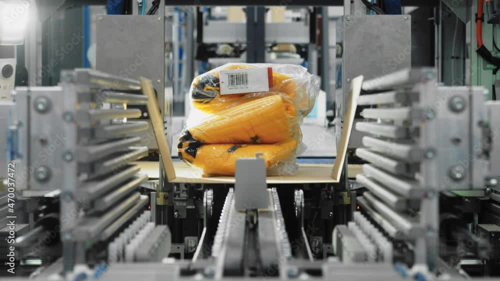 Mechanized assembly line as goods are boxed with innovative automated machinery Mechanized assembly line as goods are boxed with innovative automated machinery