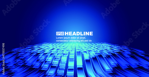 The undulating movement of blue squares extends forward with a technological spatial background.