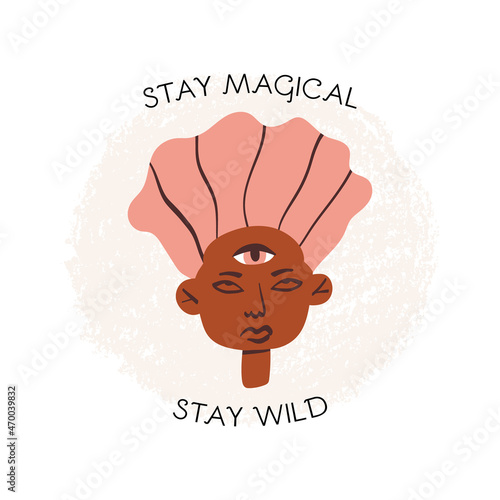 Indigo kid, paranormal character fortuneteller with Third Eye. Magic vision, future sight. Stay magical, stay wild text.