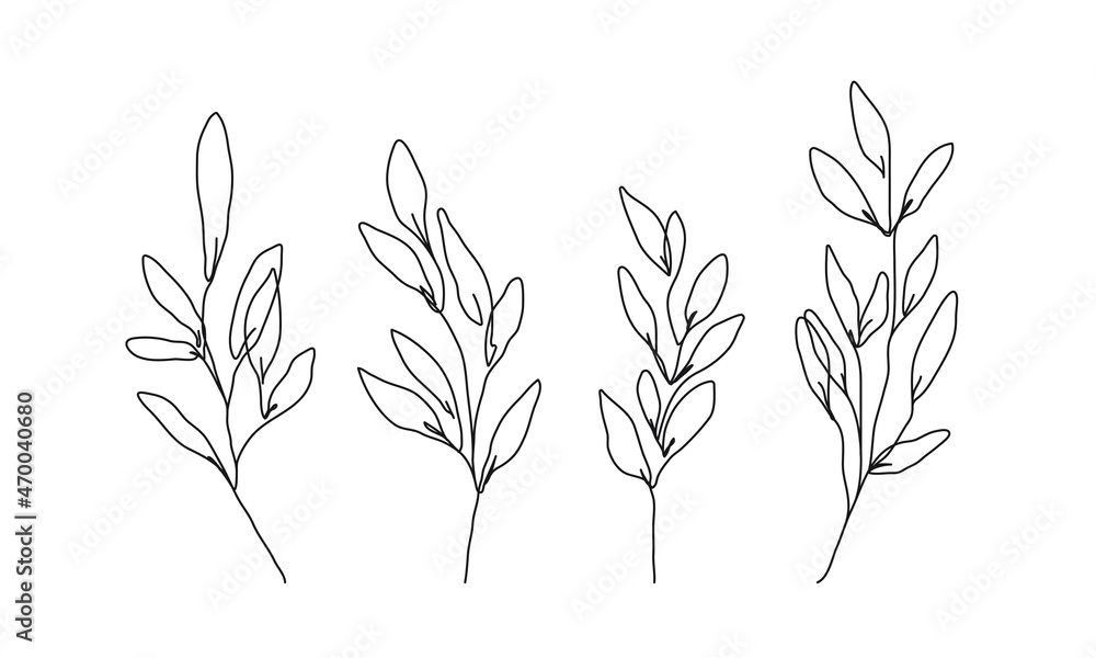 Line Drawing of Leaves Branch Black Sketch Isolated on White Background. Simple Leaf Set One Line Illustration. Minimalist Botanical Drawing. Vector EPS 10. Line Drawing of Leaves Branch Black Sketch Isolated on White Background. Simple Leaf Set One Line Illustration. Minimalist Botanical Drawing. Vector EPS 10.