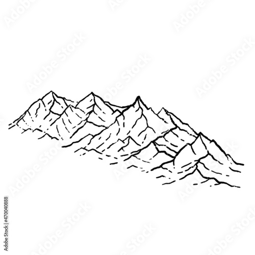 Mountains in engraving style. Nature landscape of highlands. Rocky ridge. Hand drawn design