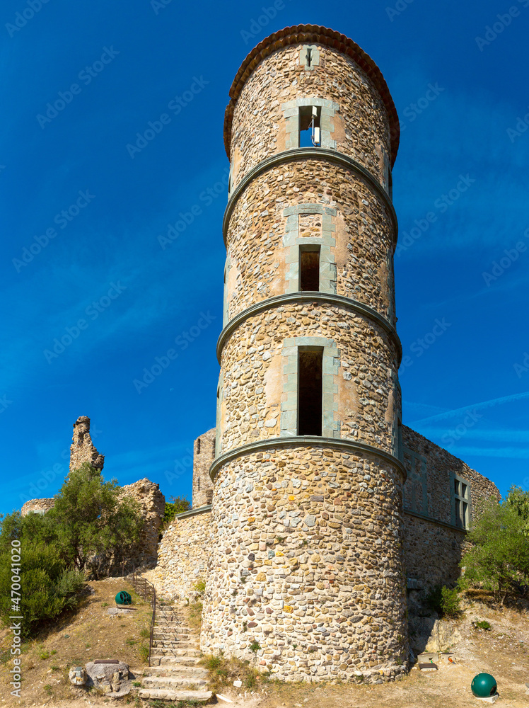 View of a medieval castle representing a historical fortress in the village of Grimaud, France