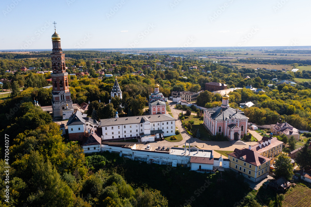 Aerial view of the ancient monastery of St. John the Theologian, located in the village of Poshupovo in the Ryazan region, ..Russia